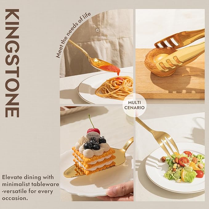 KINGSTONE Large Hostess Gold Serving Utensils Set,18/10 Stainless Steel Heavy Duty 10inch Serving Spoons,Slotted Spoons,Serving Fork,Serving Tongs, Cake Pie Server For Buffet, Wedding, Party