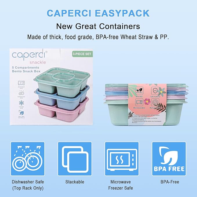 Caperci Original Snack Containers for Kids & Adults - Reusable Lunchable Container with 5 Compartment - BPA-Free Bento Snack Boxes for Food Storage & Meal Prep, Wheat Straw, Set of 3 (Brights)