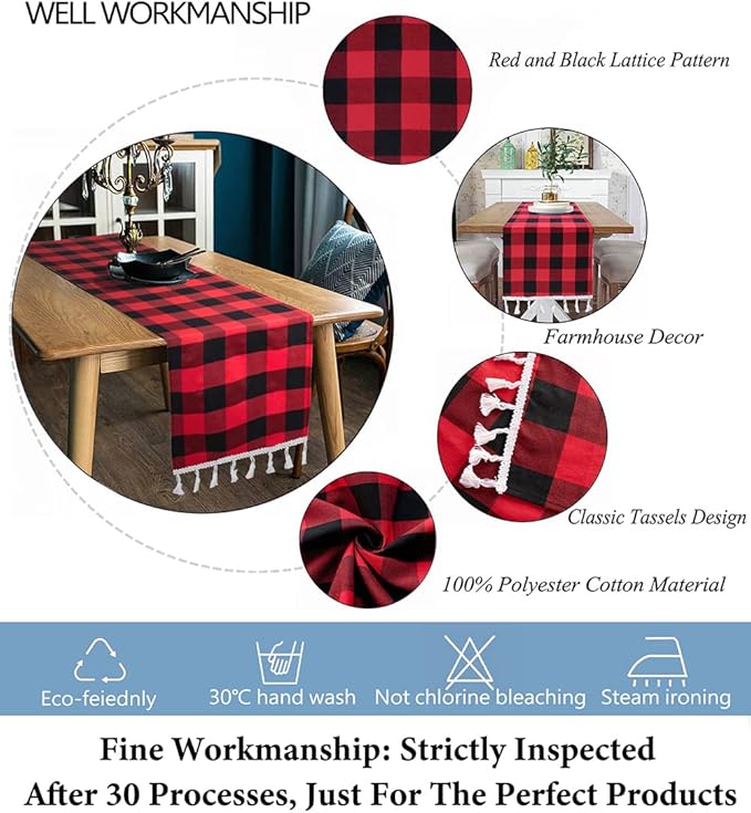 DUOBAO Checkered Table Runner 14x108-Inch Red and Black Buffalo Plaid Tablecloth Runners with Tassels Farmhouse Gingham Fabric for Dinner Parties Christmas Events (Red and Black)