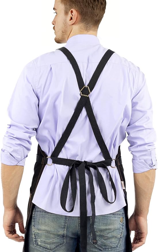 Under NY Sky Essential Deep Black Apron – Cross-Back with Durable Twill and Leather Reinforcement – Adjustable for Men and Women – Pro Chef, Tattoo Artist, Baker, Barista, Bartender, Server Aprons