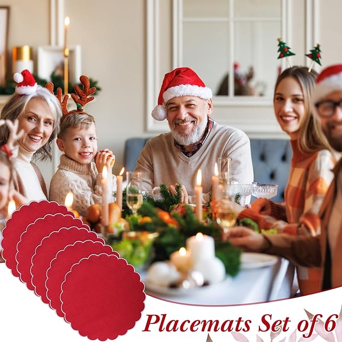 Set of 6 Round Placemats 15 Inch Cotton Scalloped Embroidery Placemat Washable Double Layered Rustic Dinner Table Mat Decor Fabric for Hotel Restaurant Kitchen(Red/White,Classic)