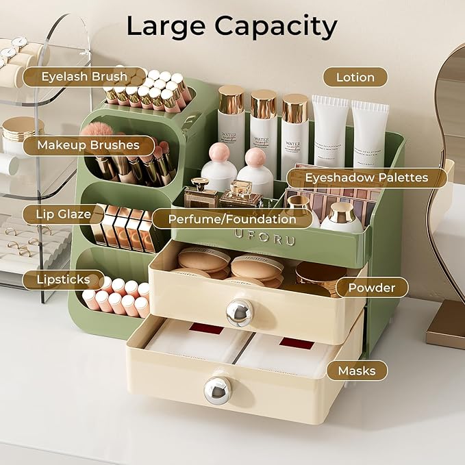 Makeup Organizer for Vanity with Brush Holder, Large Plastic Bathroom Countertop Skincare Organizer with 2 Drawers, Spacious Cosmetic Display Case for Perfumes, Eyeshadow Palettes, Nail Polishes