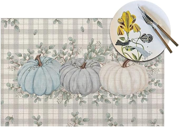 Fall Pumpkin Thanksgiving Placemats 12x18 Set of 4, Blue Pumpkin Buffalo Plaid Table Place Mat Autumn Watercolor Harvest Washable Table Mats Decorative Linen Fabric Table Mat for Dining Table