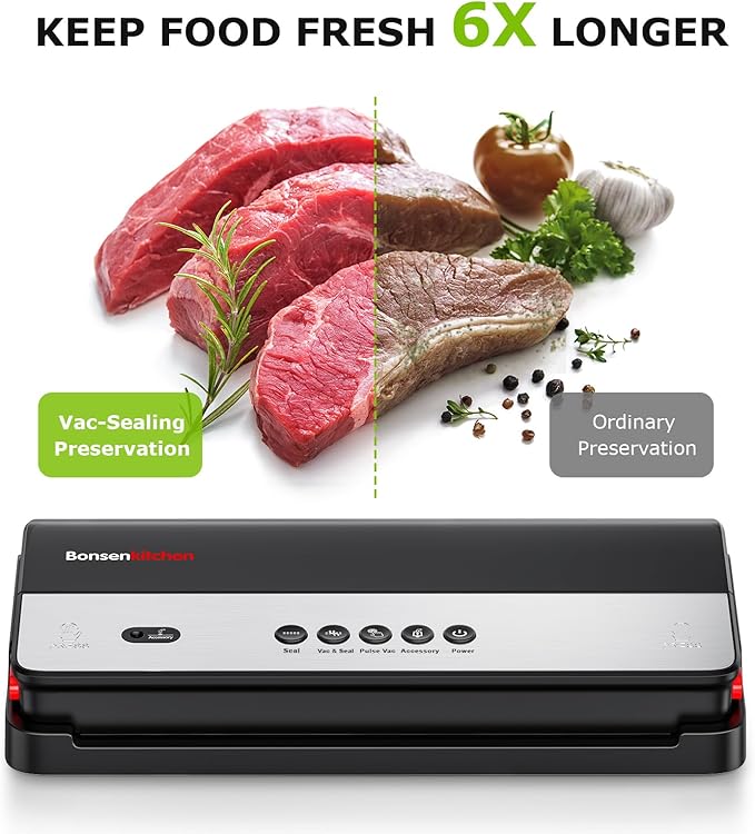 Bonsenkitchen Vacuum Sealer, Multi-Functional Food Sealer with 1 Roll Bag+ 50 Bags, Fast-Compact Design | Bag Storage | Built-in Cutter, External Vacuum System & Accessory Tube, Silver