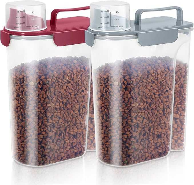 LEAWALK 5-7Lbs Dog Cat Food Storage Container with Upgraded Large Nozzle BPA-free, 4 Snap Seals Plastic Pet Food Storage Containers with Handles (Gray Blue + Red, 5L-2pack)