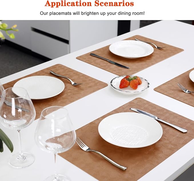 Vinyl Placemats Set of 12 Heat Resistant Easy Clean Non-Slip Place Mats for Dining Table Faux Leather Waterproof Stain Resistant Wipeable Washable PVC Table Mats(12, Light Brown)