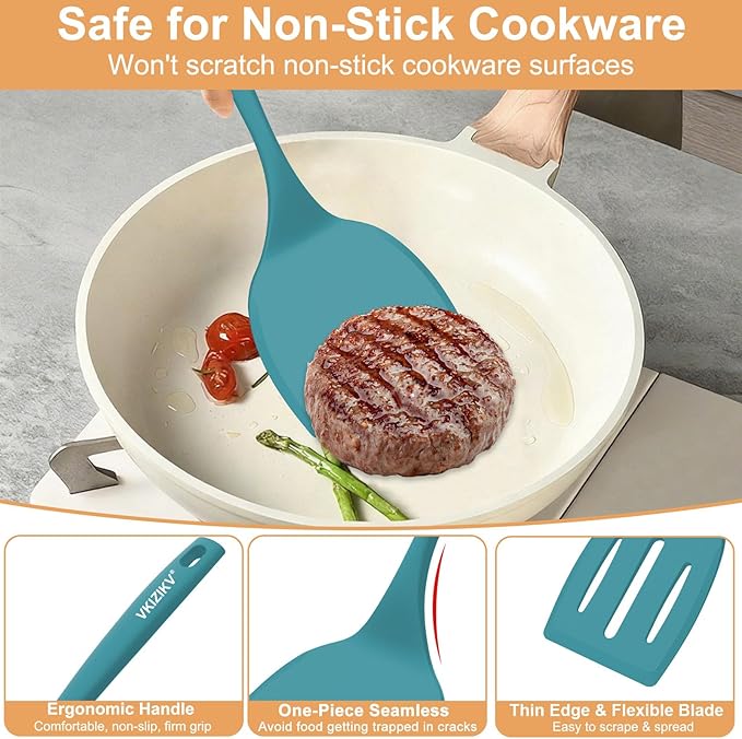 Silicone Spatula Turner Set, 4 Pack, 600°F Heat Resistant Cooking Spatulas, Spoons, BPA Free & Non-Stick Kitchen Utensils, Ideal for Flipping Egg, Pancake, and Serving, Dishwasher Safe (Blue)