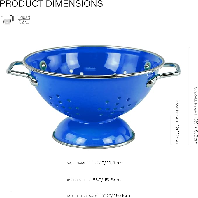 Reston Lloyd, 1 Quart Powder Coated Steel Kitchen Strainer Basket for draining Pasta, Vegetable and Fruit, Chrome Handles and Wide Stable Base, Azure