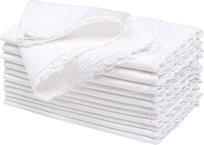 Flax Lace Cloth Dinner Napkins Set of 12 White - 20x20 Inches, Decorative Premium Cotton Linen Dinning Table Napkin Ideal for Wedding, Spring, Easter | Soft Durable Neutral Napkins for Cocktail Party