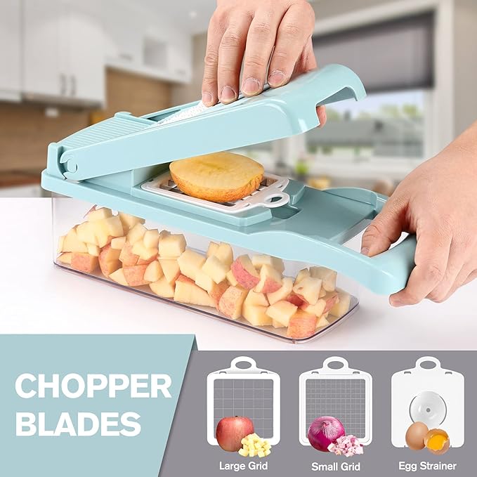 KEOUKE Vegetable Chopper Mandoline Slicer Blue - 12 in 1 Interchangeable Blades Food Chopper with Container, Hand Guard & Drainer, Veggie Dicer Kitchen Gadget for Onion, Cucumber, Tomato, Fruit