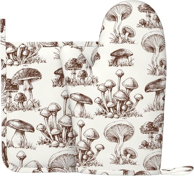 Vintage Mushroom Oven Mitts and Pot Holders Set of 2 Silicone Heat Resistant Oven Mitten Potholders Non Slip Gloves Kitchen Decor for BBQ Cooking Grilling Baking