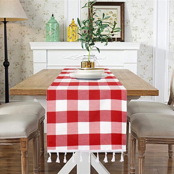 DUOBAO Checkered Table Runner 14x90-Inch Red and White Buffalo Plaid Tablecloth Runners with Tassels Farmhouse Gingham Fabric 90 Inch for Dinner Parties Christmas Events (Red and White)