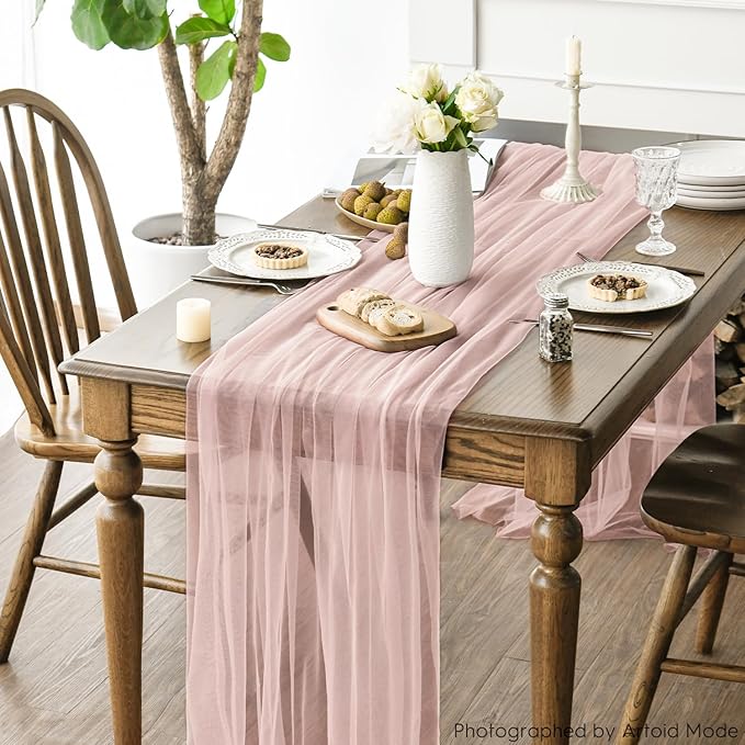 Artoid Mode Dusty Rose Gauze Table Runner 120 Inch 10FT, Seasonal Sheer Kitchen Dining Holiday Wedding Birthday Baby Shower Table Decor for Home Party