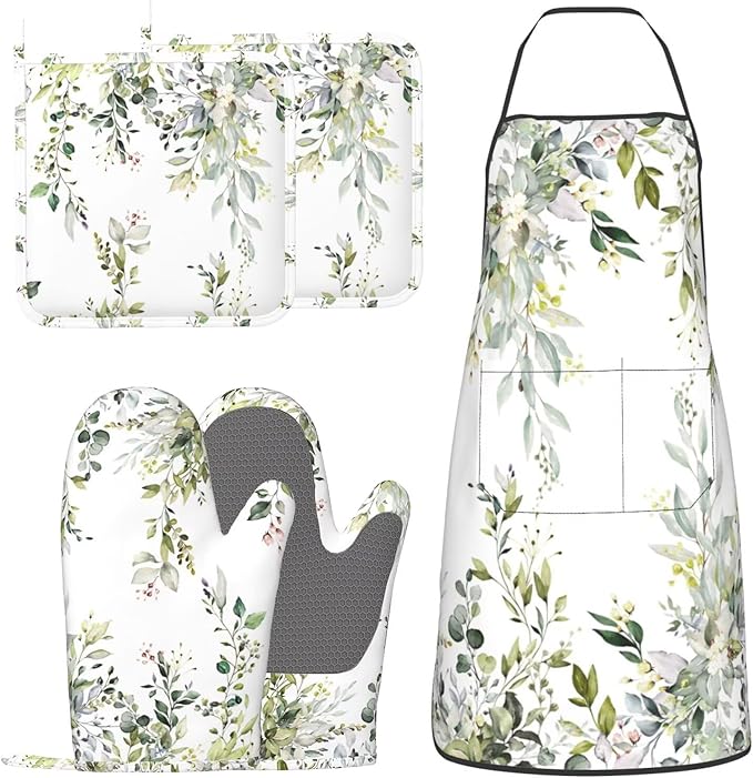 Sage Green Eucalyptus Oven Mitts Watercolor Butterfly Leaves Pot Holders Cooking Apron Set of 5 Silicone Kitchen Glove Apron Non-Slip Heat Resistant for Chef Baking Cooking Grilling BBQ