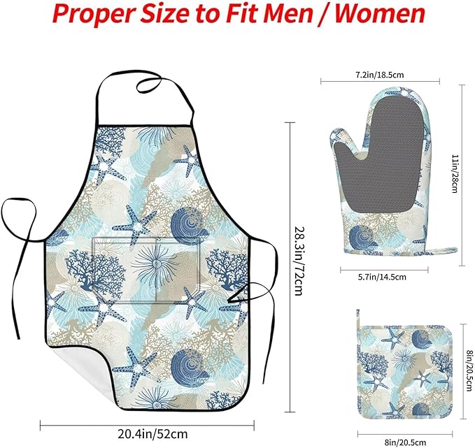 Nautical Coastal Oven Mitts Pot Holders Cooking Apron Set of 5 Silicone Starfish Seashell Coral Algae Beach Themed Blue Kitchen Glove Apron Non-Slip Heat Resistant for Chef Baking Cooking