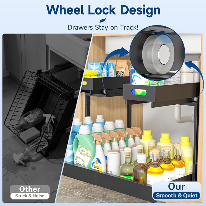 Upgrade Expandable Under Sink Organizer, Insputer 2 Tier Metal Under Cabinet Storage with 3 Slide Rails, Height Adjustable, Thickened Pull Out Drawer Shelf for Bathroom, Kitchen, Laundry, Pantry