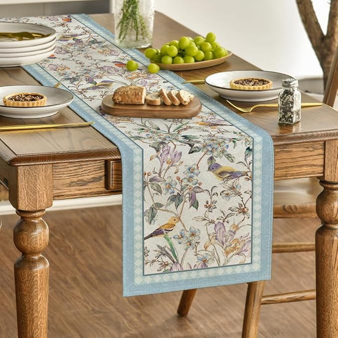 Artoid Mode Blue Birds Flowers Blossom Table Runner, Seasonal Spring Floral Kitchen Dining Table Decoration for Home Party Decor 13x48 Inch