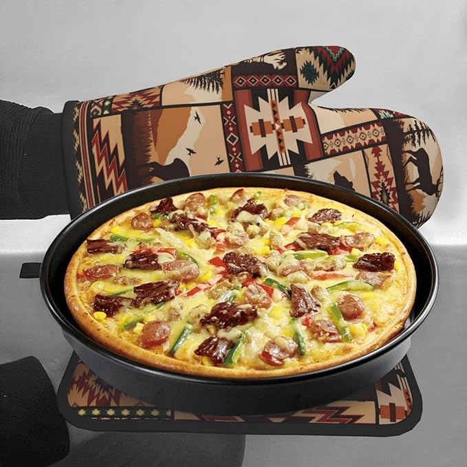 3 - Piece Brown Rustic Wildlife Oven Mitts & Pot Holders Sets, Cute Decorative Heat Resistant Kitchen Gloves and Hot Pad for Cooking Baking BBQ, Gifts for Outdoor Nature Lovers Baker Camper Stuff
