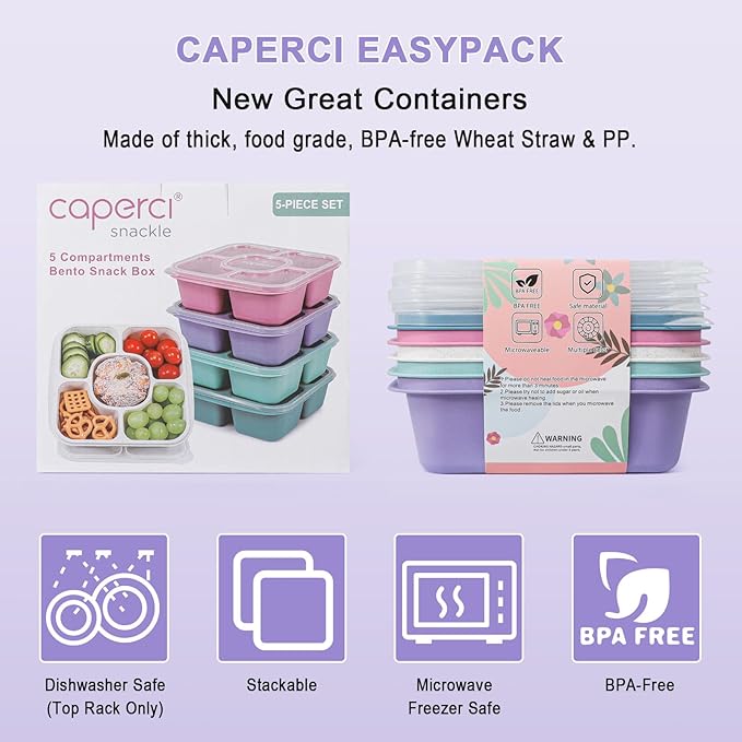 Caperci 5-Pack Lunchable Container Set for Kids & Adults - Reusable Bento Snack Box Containers with 5-Compartment for Food Storage & Meal Prep, Wheat Straw, BPA-Free (Dark & Clear Lids)