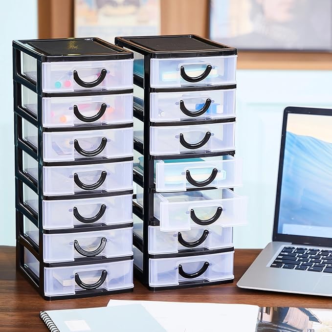 Thyle 2 Pcs Plastic Drawers Organizer Mini Organizer Stackable Plastic Clear Drawer Storage Box Containers Storage Units for Desktop Classroom Craft 6.7 x 4.9 x 13.4 inches(Black)