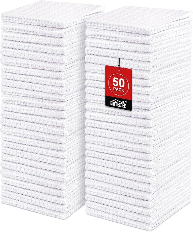 HOMEXCEL Waffle Weave Microfiber Towel, 50 Pack Lint Free Bulk Cleaning Rags, 12 x 12 Inches Barista Towels, Reusable Microfiber Cleaning Cloth for Household, Kitchen, Glass and Window, White