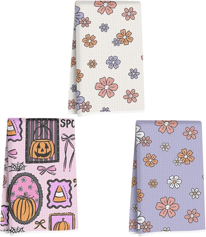 ZHAMEN 3 Pcs Halloween Themed Kitchen Towels, Pumpkin Decorative Absorbent Microfiber Dish Cloth Tea Towel, Floral Waffle Soft Hand Towels for Farmhouse Home Bathroom