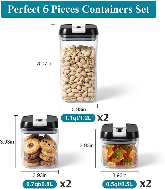 OMIO Airtight Kitchen Storage Containers (6-Pack) - Easy-Grip Pull Tab Lids, BPA-Free Plastic Canisters for Pantry, Countertop, Fridge – Organize Cereal, Grains, Flour, Sugar, Snacks & Candy