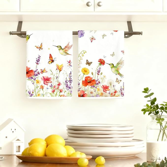 4Pcs Hummingbird Flower Kitchen Towels-16×24in Spring Dish Towels, Super Absorbent Wildflower Hand Towels for Holidays Decor Easter Mother‘s Day Gifts