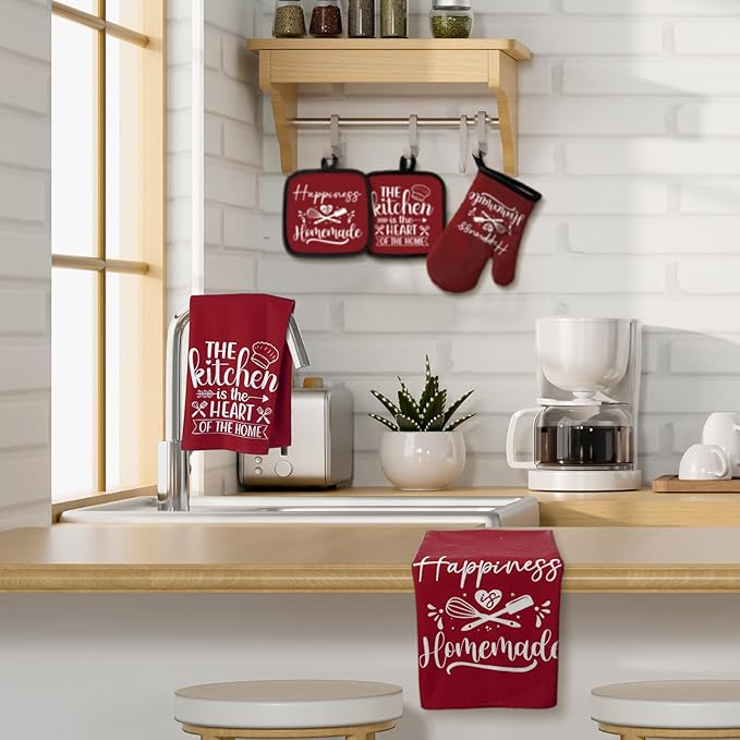 Sratte 6 Pcs Kitchen Decor Accessories Set Farmhouse Towels Pot Holders Oven Mitts Set 2 Dish Towels 2 Potholders 2 Cooking Mittens Oven Glove for Christmas Baking Cooking(Wine Red,Kitchen)
