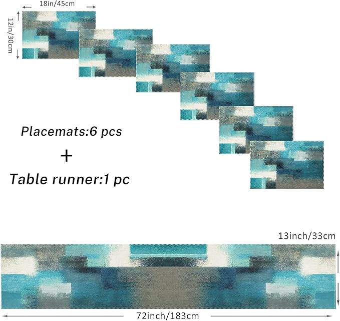 Emvency Farmhouse Table Runner and Placemats Set of 6, Cotton-Linen Abstract Teal and Grey Painting Art Dining Table Decor for Daily Use(1 Table Runner 72 inches Long and 6 Placemats)