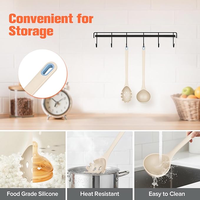 Silicone Spaghetti Spoon&Soup Ladle Cooking Utensils Set of 2,No Scratch for Nonstick Cookware,BPA Free, 450℉ Heat Resistant (KHAKI)