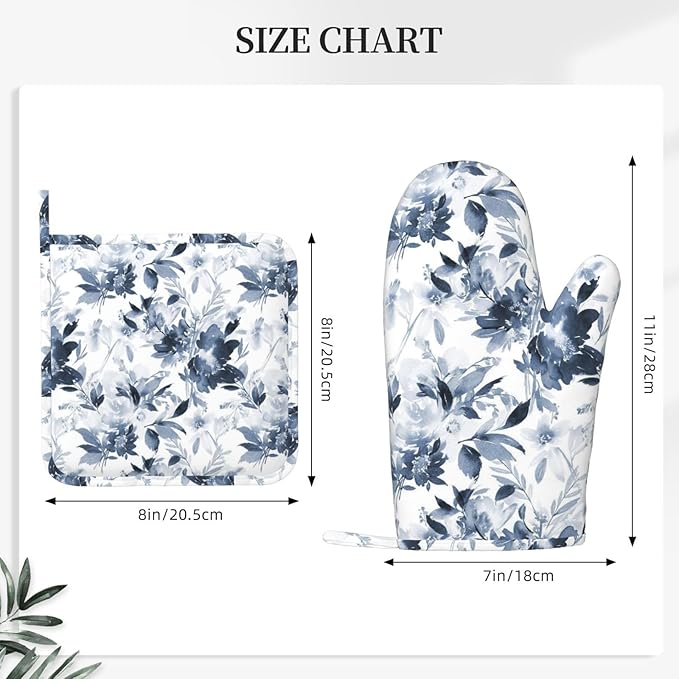 Navy Blue Floral Oven Mitts and Pot Holders 4 pcs Set Silicone Dark Blue and White Flower Kitchen Oven Mitt Gloves Pot Holders Non-Slip Heat Resistant Cooking Mitts Set for Kitchen Baking