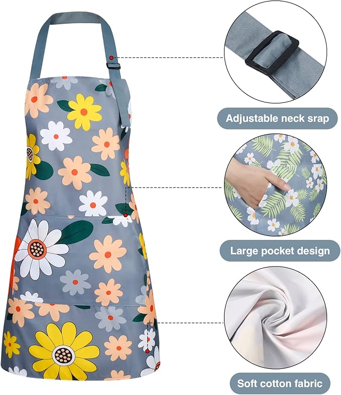 BOUMUSOE 3 Pack Floral Aprons with Pocket, Blooming Womens Aprons Waterproof Adjustable Cooking Aprons for Kitchen Gardening and Salon