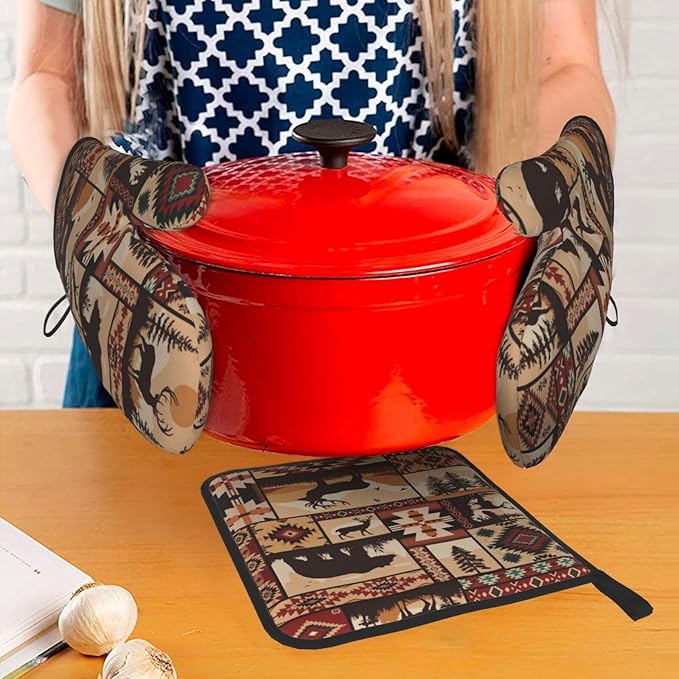 3 - Piece Brown Rustic Wildlife Oven Mitts & Pot Holders Sets, Cute Decorative Heat Resistant Kitchen Gloves and Hot Pad for Cooking Baking BBQ, Gifts for Outdoor Nature Lovers Baker Camper Stuff