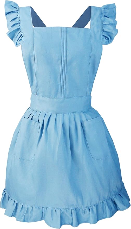 Retro Adjustable Ruffle Apron Kitchen Cooking Baking Cleaning Maid Costume (Blue)