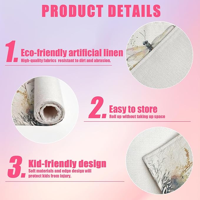 Watercolor Dragonfly Floral Placemats Set of 6,12x18 Inch Linen Place Mat Washable Stain Resistant Table Mats for Spring Summer Seasonal Farmhouse Kitchen Party Home Decor