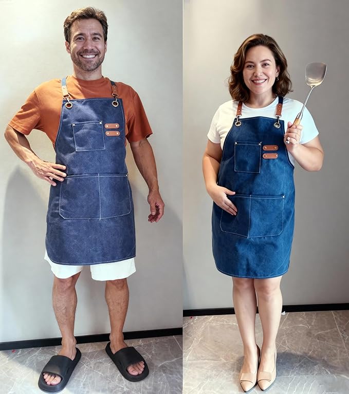 Chef Apron with Large Pockets for Women Men, Cotton Canvas Cross Back Water Repellent Adjustable Work Apron