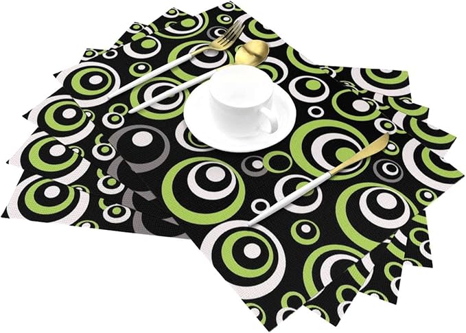Black Green Geometric Circles Linen Placemats Set of 4, Washable Heat Resistant Green Table Mats for Dining Table Kitchen Wedding Farmhouse Party Coffee Shop, Modern Home Decor, 12" x 18" Place Mats