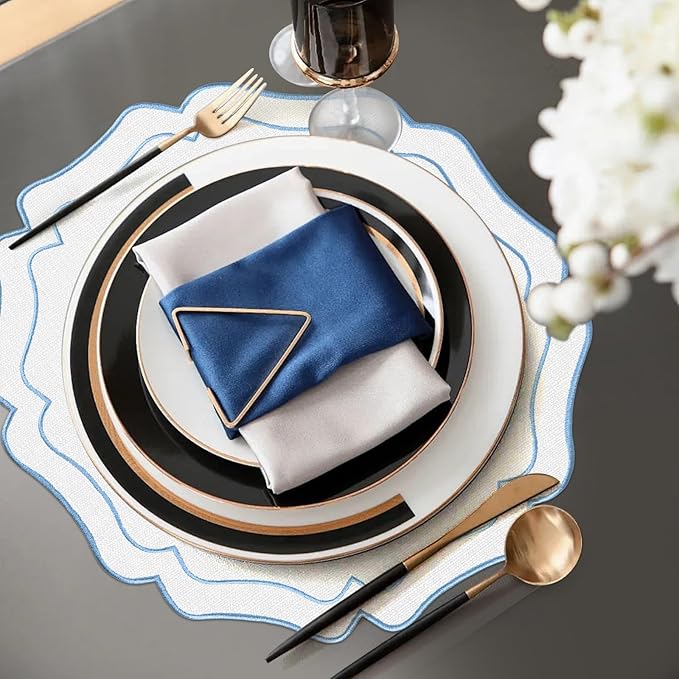 8 Sets Blue and White Ribbon Twirl Cotton Linen Placemats, 15 inch Embroidery Scalloped Round Cloth Table Mats Washable Fabric Place Mats Flower Shape for Wedding Baby Shower Banquet Party Table Deco