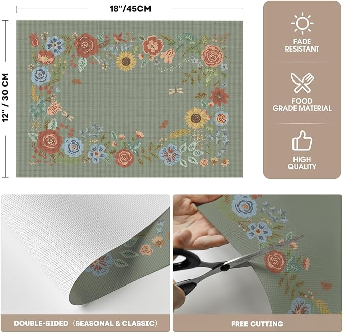Artoid Mode Sage Florals Butterfly Spring Vinyl Placemats Set of 4, Washable Non-Slip Plastic Table Mats for Vintage Holiday Party Kitchen Dining Decor