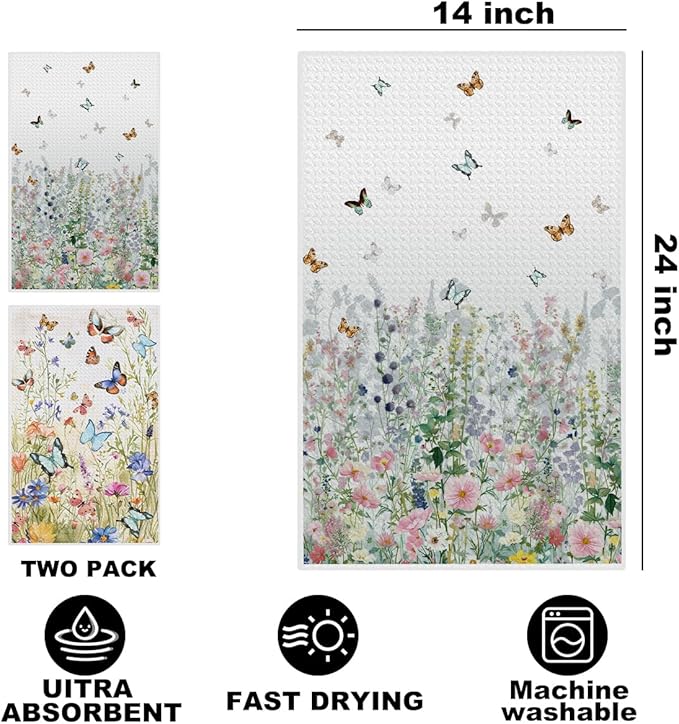 Jztco 2Pcs Butterfly Kitchen Towels, Floral Tea Towel Decorative Reusable Dish Hand Towels Butterfly Gifts for Cleaning Drying Women Mom Housewarming Gifts 14 x 24 Inch Kitchen Home Decor