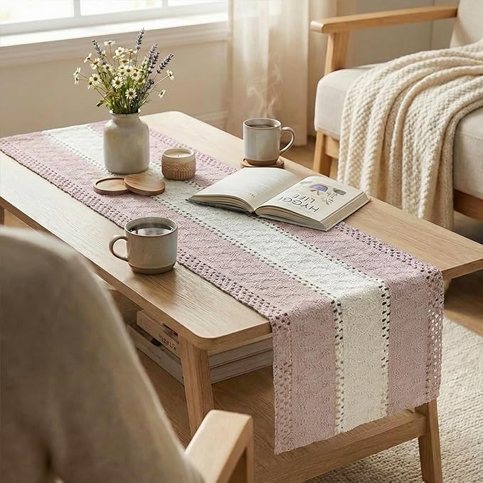 Artoid Mode Pink Farmhouse Rustic Table Runner, Seasonal Hollow Kitchen Dining Table Decoration for Home Party Decor 12x72 Inch