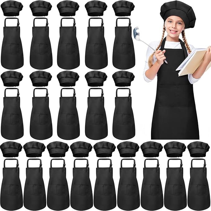 Handepo 40 Pcs Apron Chef Hat Set Aprons Chef 's Bib Apron Hats Bulk for Cooking Painting 7-13 Years
