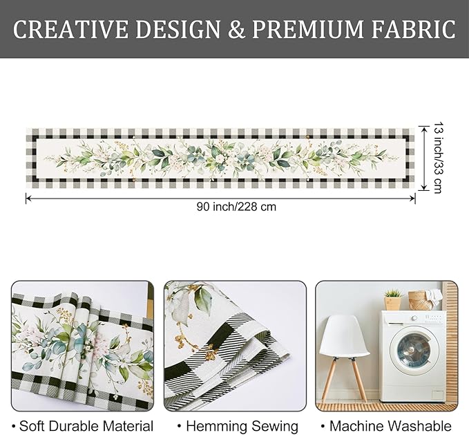 Bonhause Green Eucalyptus Leaves Flowers Table Runner 13x90 Inch Black White Buffalo Plaid Spring Plants Kitchen Dining Table Decoration for Indoor Outdoor Home Party Decor