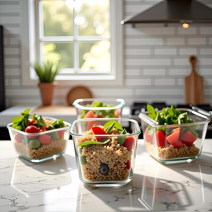 H.JSS WDJS 32oz Square Glass Food Storage Containers with Lids, 4 Cup Glass Soup Containers, Heat-Resistant BPA free Square Meal Prep Bowls for Microwave, Freezer, Dishwasher safe (4Packs)