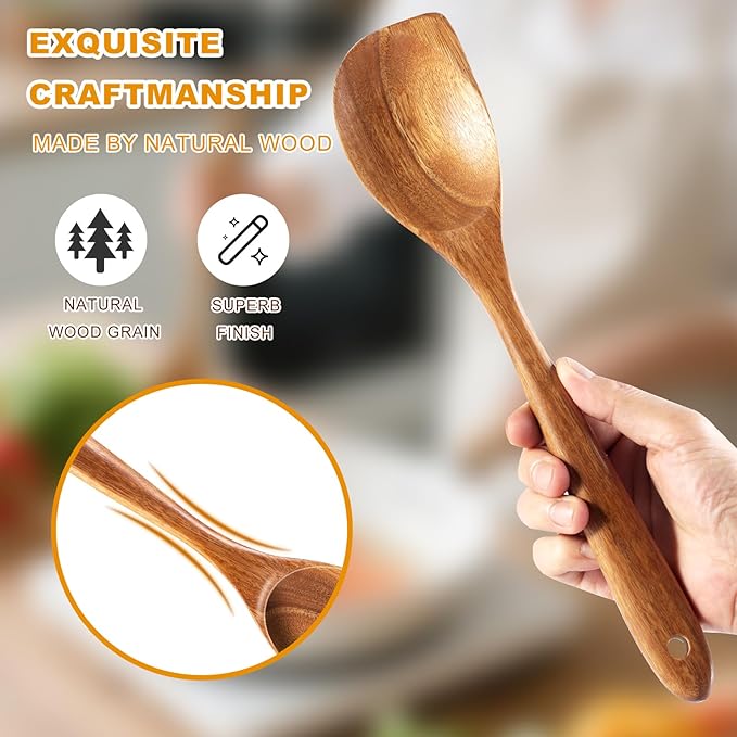 2 Pack Premium wooden spoons for cooking - Acacia Wood Kitchen utensils for Cooking and Stirring, Durable Hardwood Stirring Spoon, Non-Scratch Cooking utensil Tool, Ergonomic Handle 13 Inches