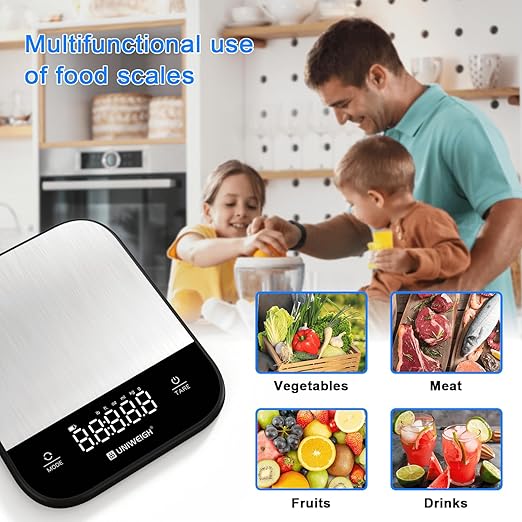 UNIWEIGH Food Scales for Kitchen,Digital Scale Grams and Ounces for Food Weight,Baking,Cooking,Meal Prep,Small Kitchen Scales with 7 Weighing Units/LED Display/Tare Function,Stainless Steel,Black