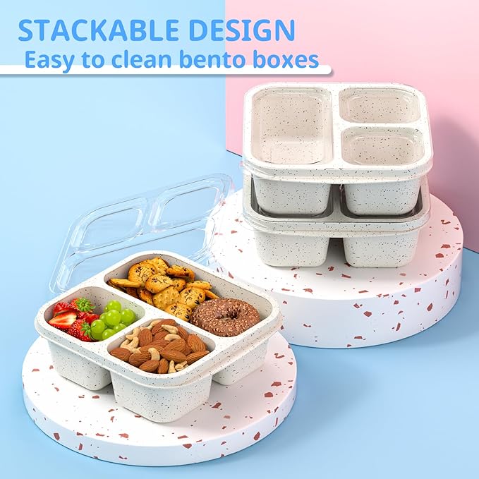 Snack Boxes (3 Pack) - Stackable Bento Boxes with 3 Compartments, Meal Prep Containers Reusable, Lightweight Lunch Containers for Kids and Adults, BPA Free (Off White)