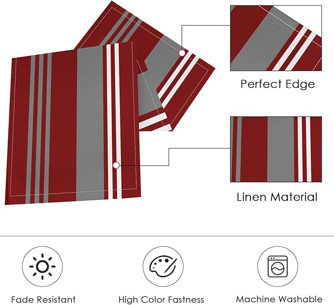 ArtSocket Burgundy Table Runner and Placemats Set of 6, Red Stripes Colorful Grey Line Vintage Abstract Art Dining Decor for Daily Use(1 Table Runner 72 inches Long and 6 Placemats)