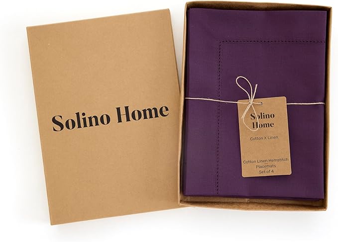 Solino Home Purple Placemats Set of 4 - Cotton Linen Hemstitch Placemats 14 x 19 Inch for Mothers Day